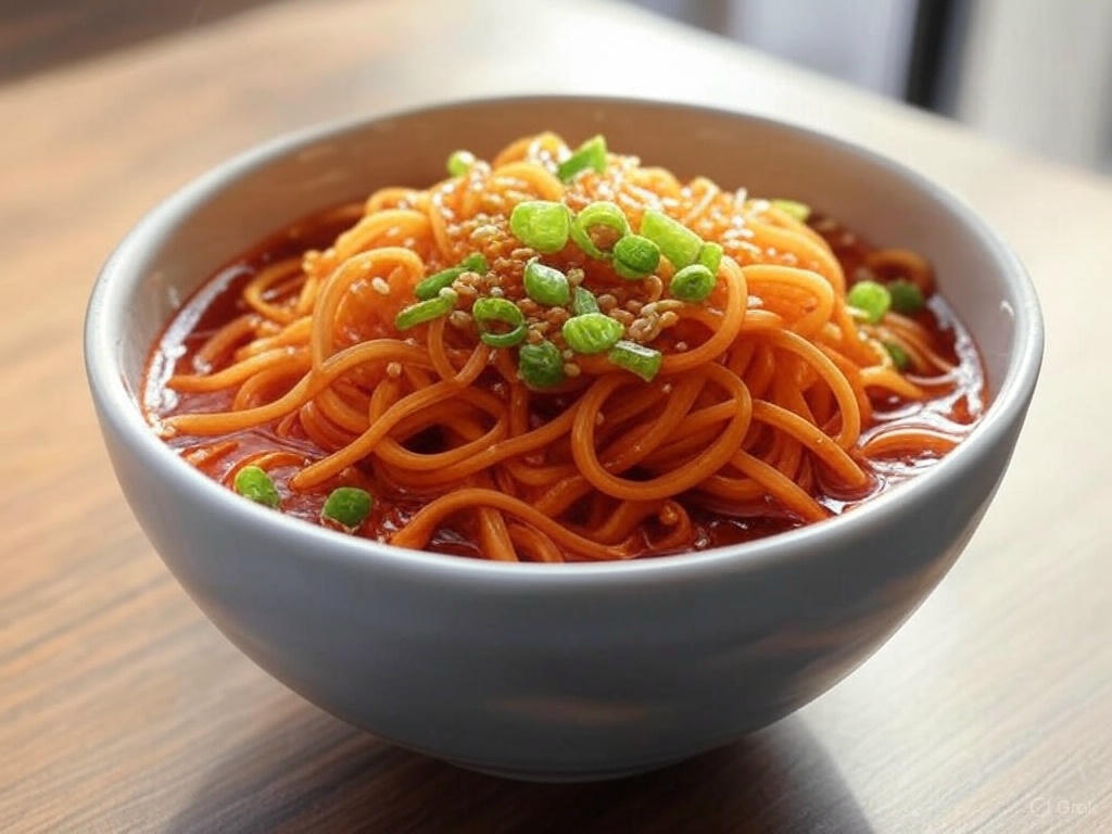 Steaming bowl of Zeegato’s Fiery 5-Minute Chili Oil Noodles with glossy red chili oil, sesame seeds, and green onions on a bright table.